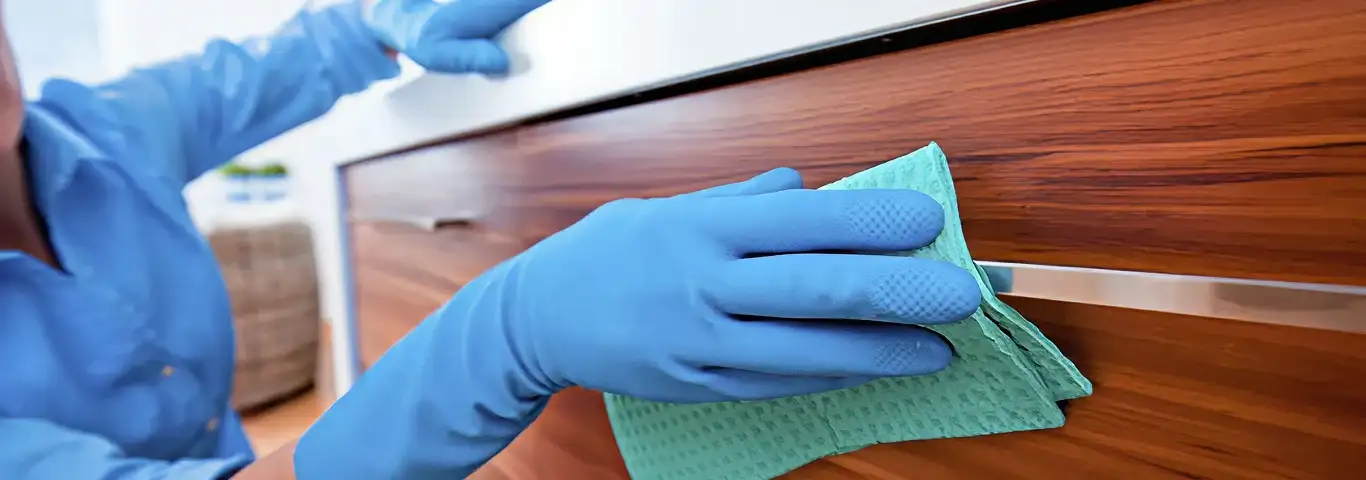 Cleaner wearing blue gloves wiping a wooden cabinet drawer with a microfiber cloth for dust and grime removal, Tulsa, OK.