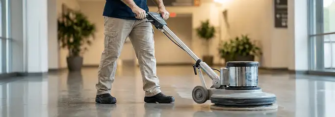 Professional technician using an industrial floor buffer to polish and maintain shiny commercial flooring in a corporate hallway in Tulsa, OK.