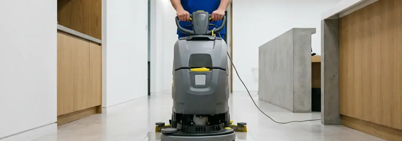 Janitorial staff using a floor scrubber machine to clean a commercial hallway, Tulsa, OK.