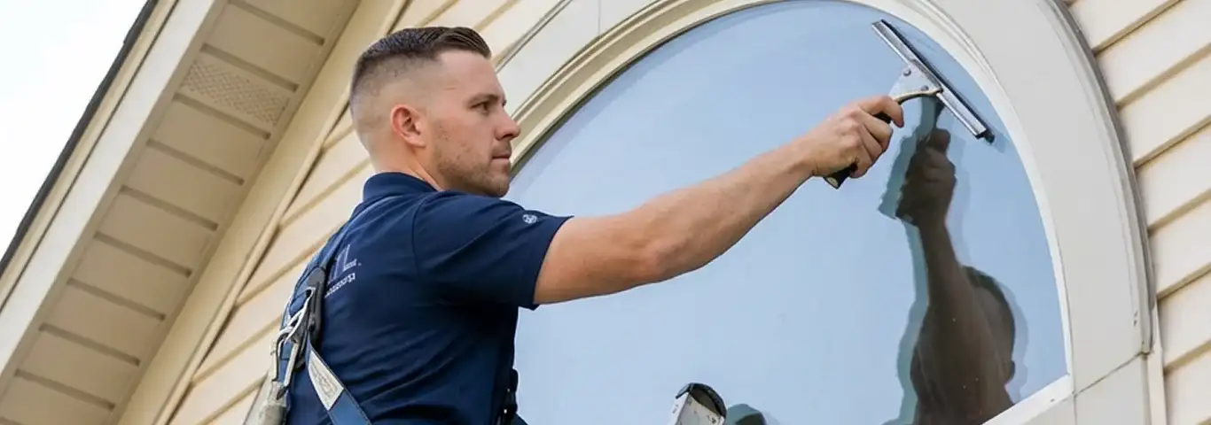 Professional window cleaner using a squeegee to clean an exterior arched window on a home, Tulsa, OK.
