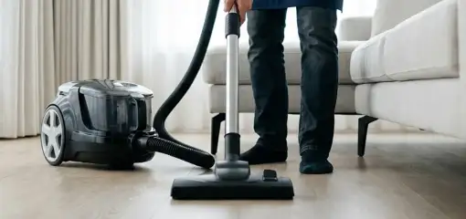Professional house cleaner vacuuming a living room floor with a canister vacuum cleaner, Tulsa, OK.