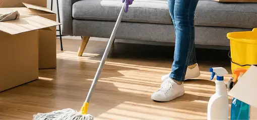 Move-out cleaning setup with a cleaner mopping hardwood floors near moving boxes and cleaning supplies, Tulsa, OK.