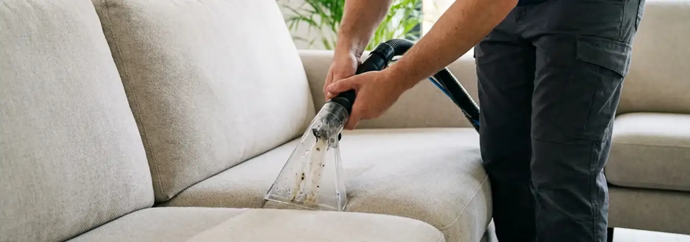 Technician extracting dirt and moisture from a fabric sofa with an upholstery cleaning wand, Tulsa, OK.