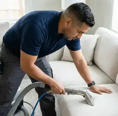 Professional upholstery cleaning technician using an extraction wand to deep-clean a fabric sofa, Tulsa, OK.