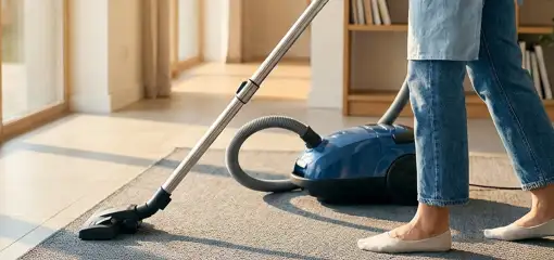 Person vacuuming a living room rug with a canister vacuum cleaner near large windows, Tulsa, OK.